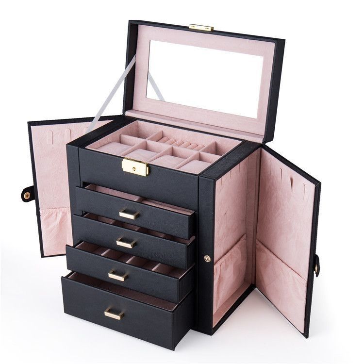 Square Luxury Pink Black Leather Jewelry Set/Ring/Earring/Necklace/Bracelet/Watch Storage Display Box
