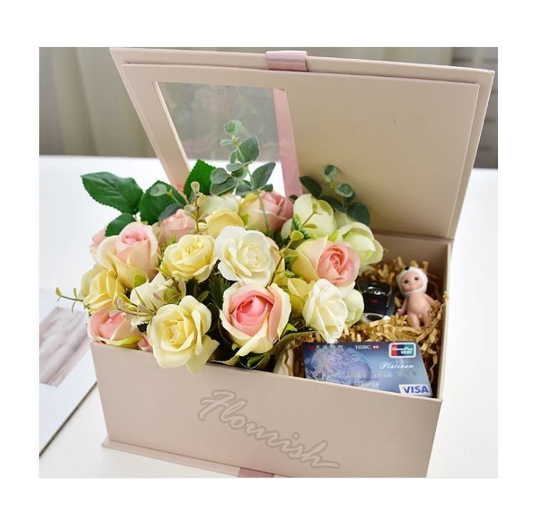 Custom Color Flower Gift Box Packaging With Clear Window And Ribbon Eco Friendly