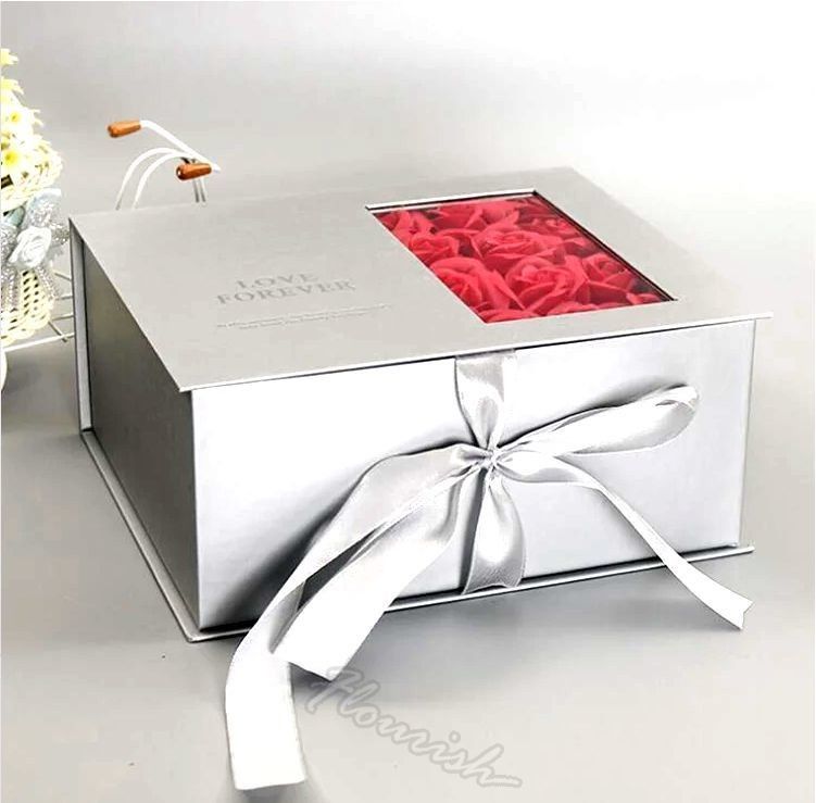 Custom Color Flower Gift Box Packaging With Clear Window And Ribbon Eco Friendly